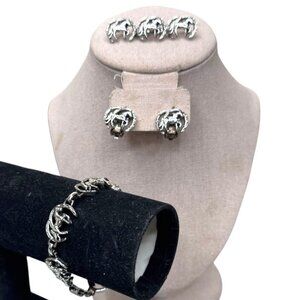 Vtg Silver Tone Equestrian Horse Horseshoe Jewelry Set Bracelet Earrings Brooch